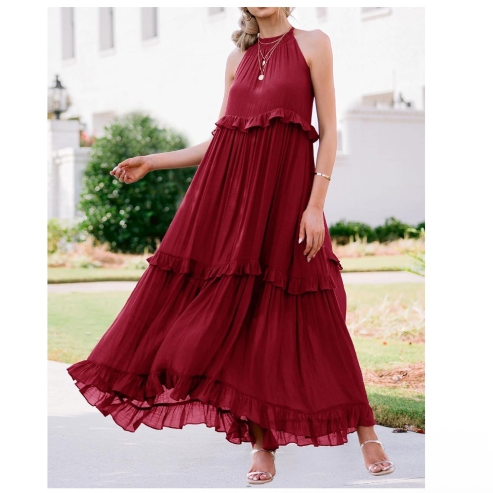 Burgundy Halter Tiered Maxi Dress Ruffle Boho Formal Wedding Guest Sz Small - Picture 1 of 8